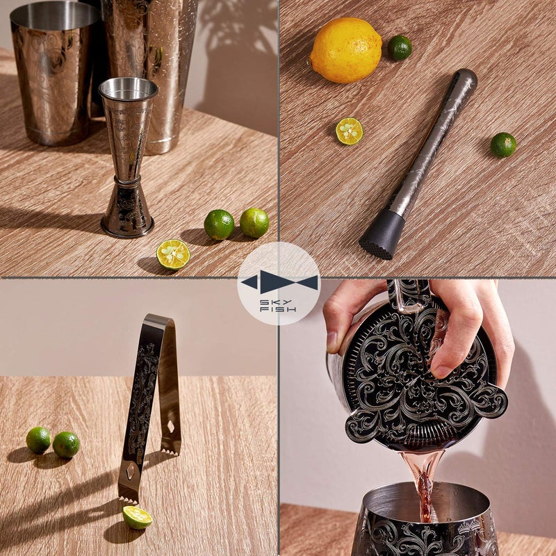 Skyfish SKY FISH Bartender Kit Cocktail Shaker Set-7 Pieces Stainless Steel Black Plated Etching Bar Tools with Boston Shaker Tins,Mixing Spoon,Mojito Muddler,Japanese Double Jigger,Hawthorne Strainer - Image 2